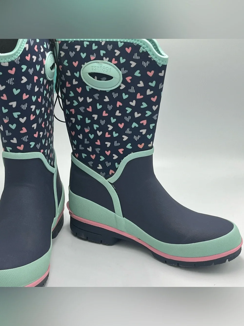 Western Chief Girls Sweethearts Waterproof Neoprene Navy Hearts Rain Boots Sz 5